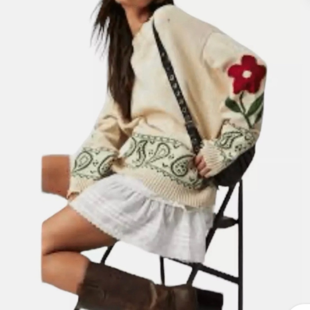 Free People Profound Cream Sweater with Green Paisley and Red Floral Accent